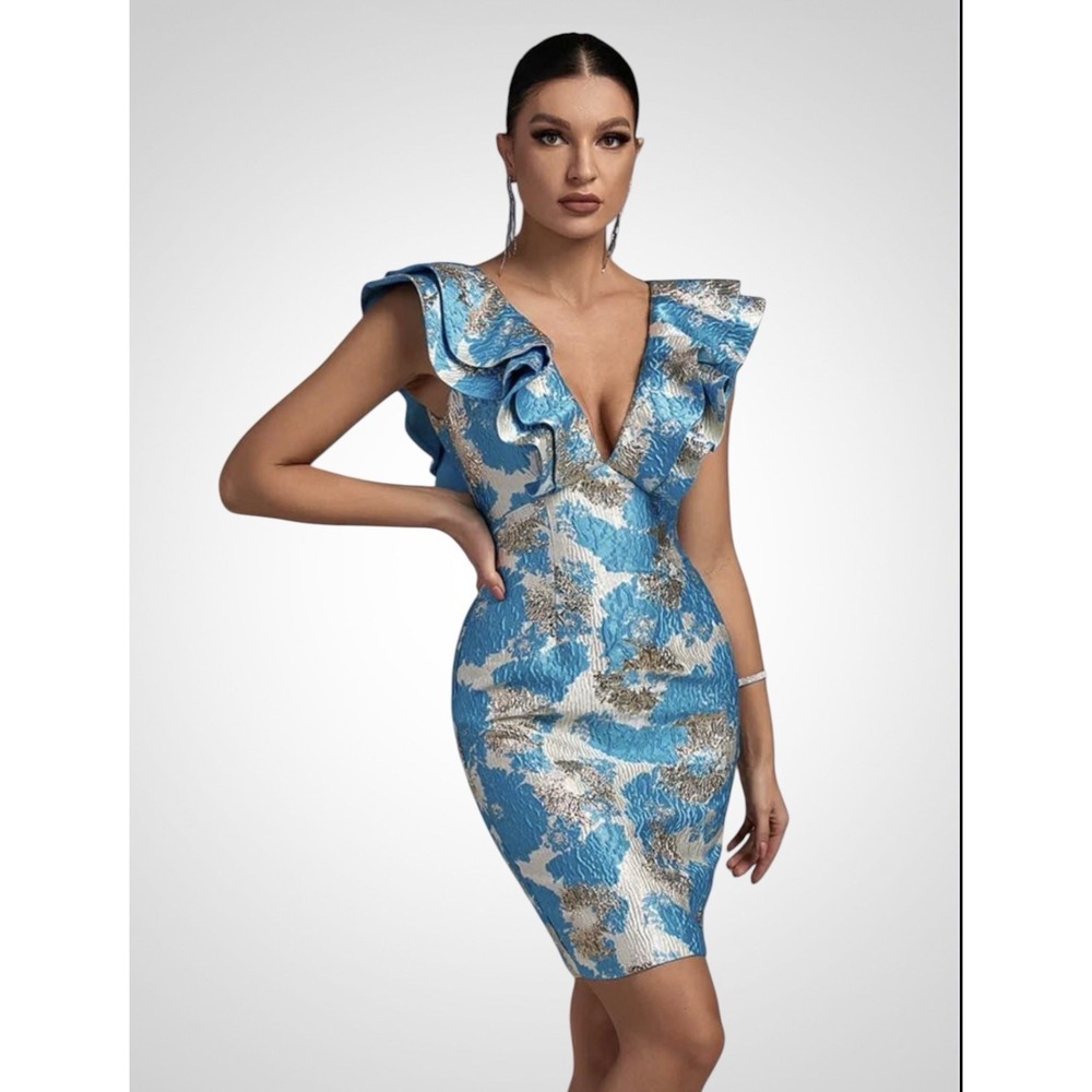Teal Metallic Brocade Jacquard Dress Ruffle Sleeve V Bodycon Midi Wedding Guest - Picture 2 of 8